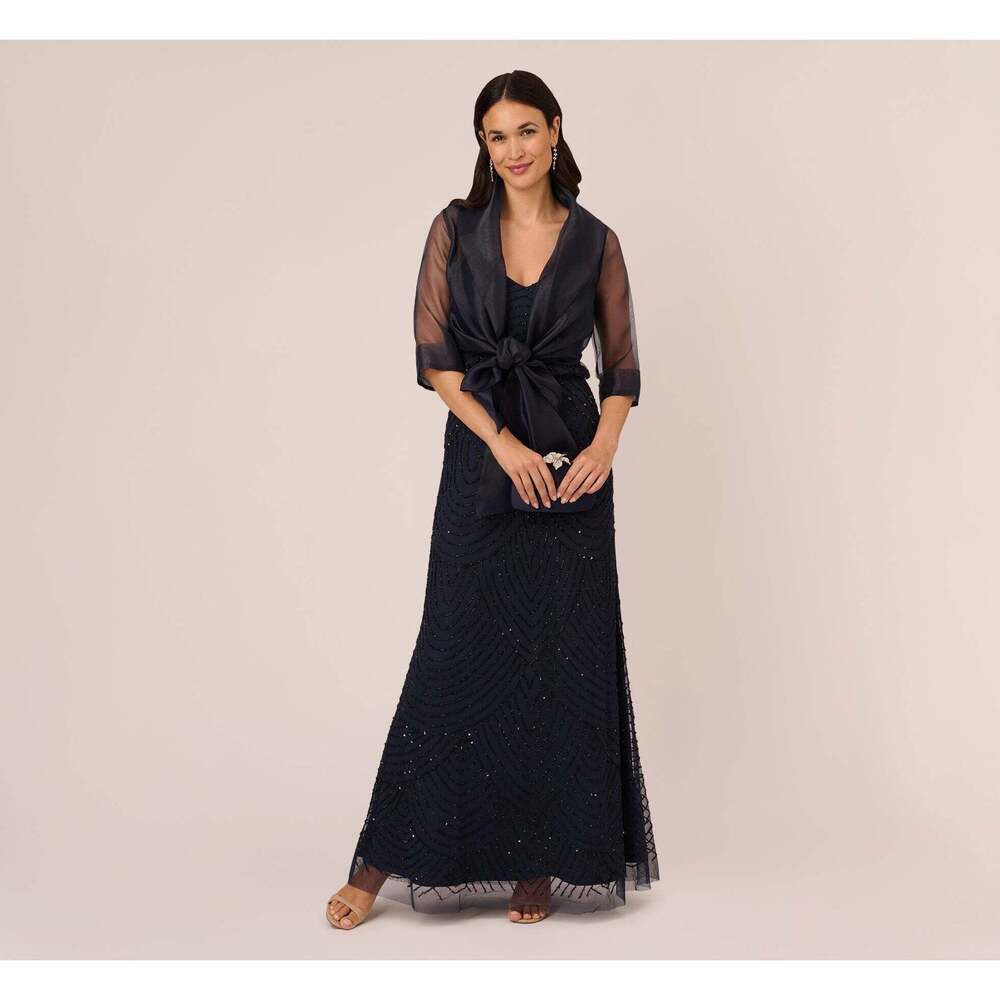 Adrianna Papell Organza Wrap Jacket With Short Sleeves In Midnight Size M
